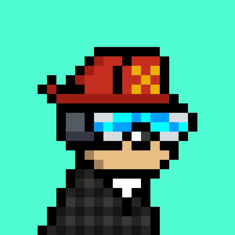 Pixel portrait of ZackMeta (@zackmetax): a Doginal Dogs-style character in a red hat and blue glasses on a mint background